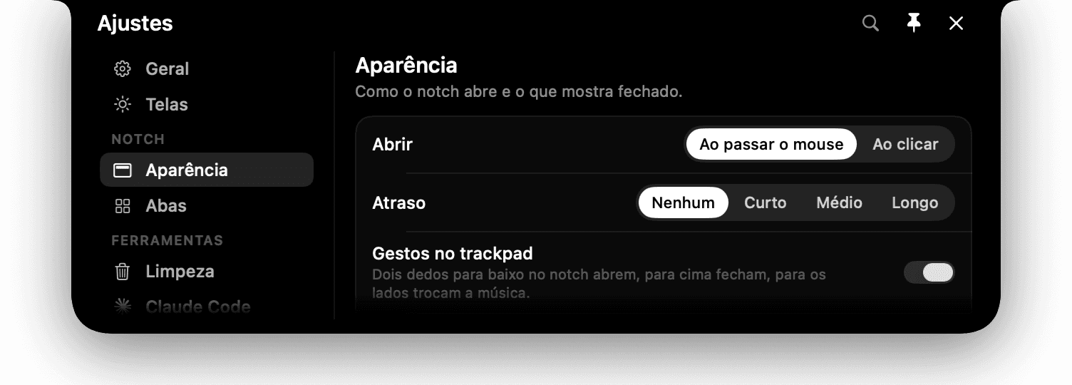 Ajustes de aparência do notch