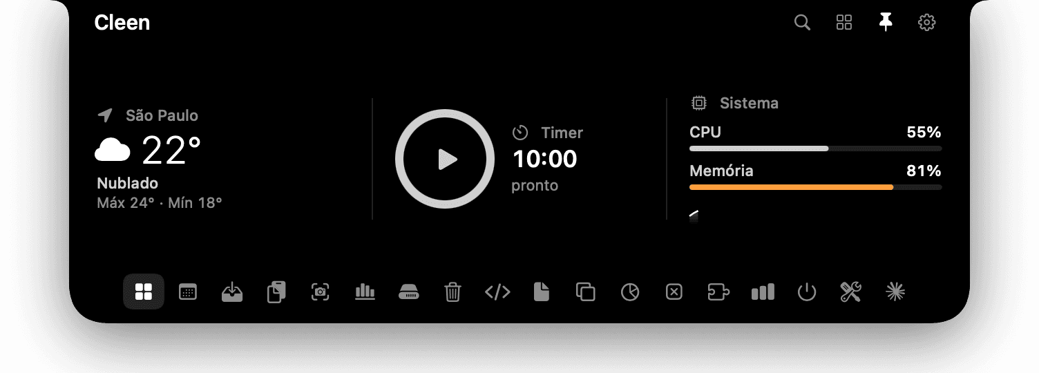 O Cleen aberto no notch: tempo em São Paulo, um timer e o uso de CPU e memória, com a barra de ferramentas embaixo